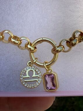 October pink gem and LIBRA pendant on a ball chain bracelet